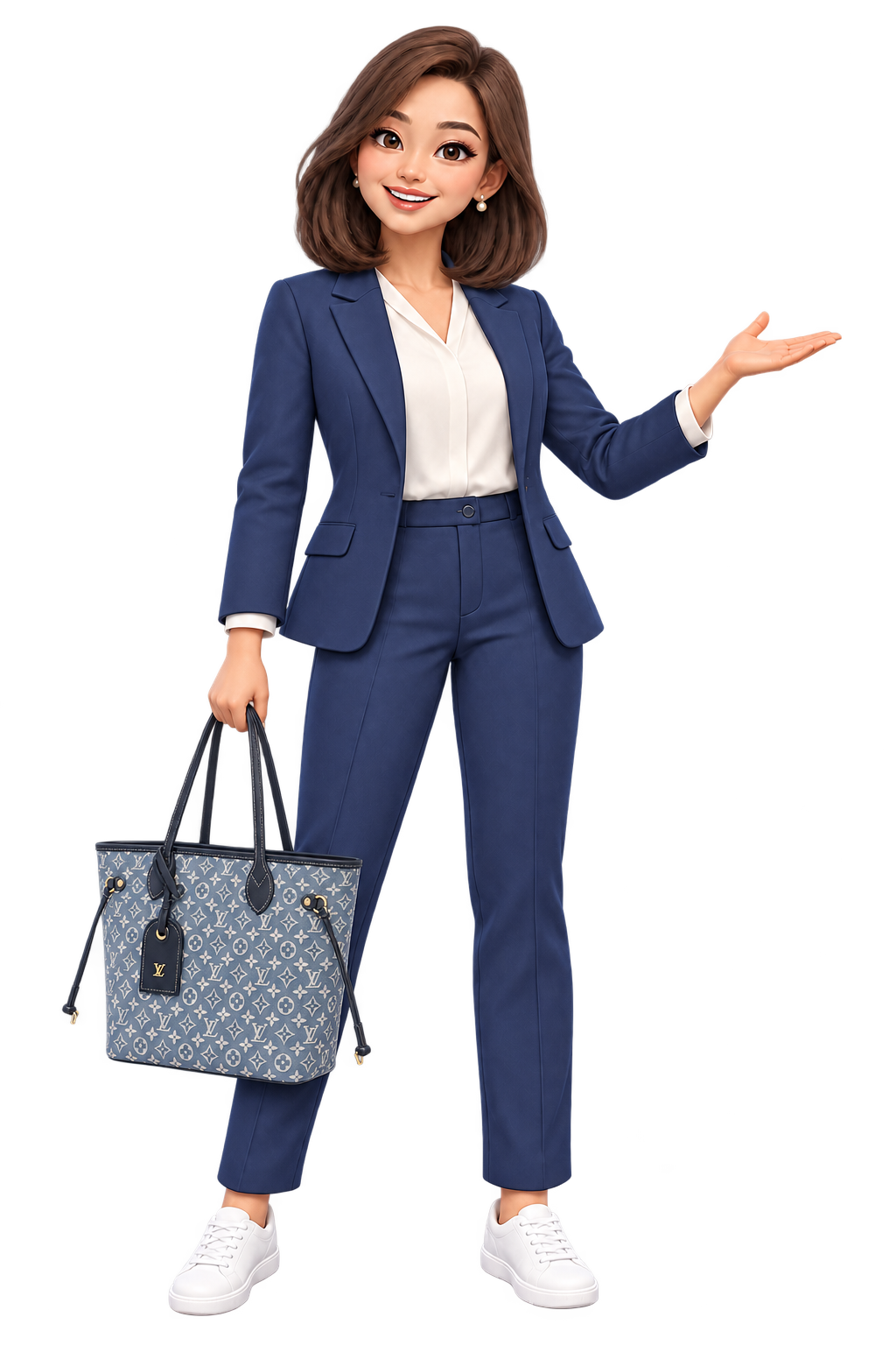 ตัวละครการ์ตูนพี่ออน QA Manager ในชุดสูท ถือกระเป๋าลายโมโนแกรมสีฟ้าเทาและผายมือเล่าเรื่อง